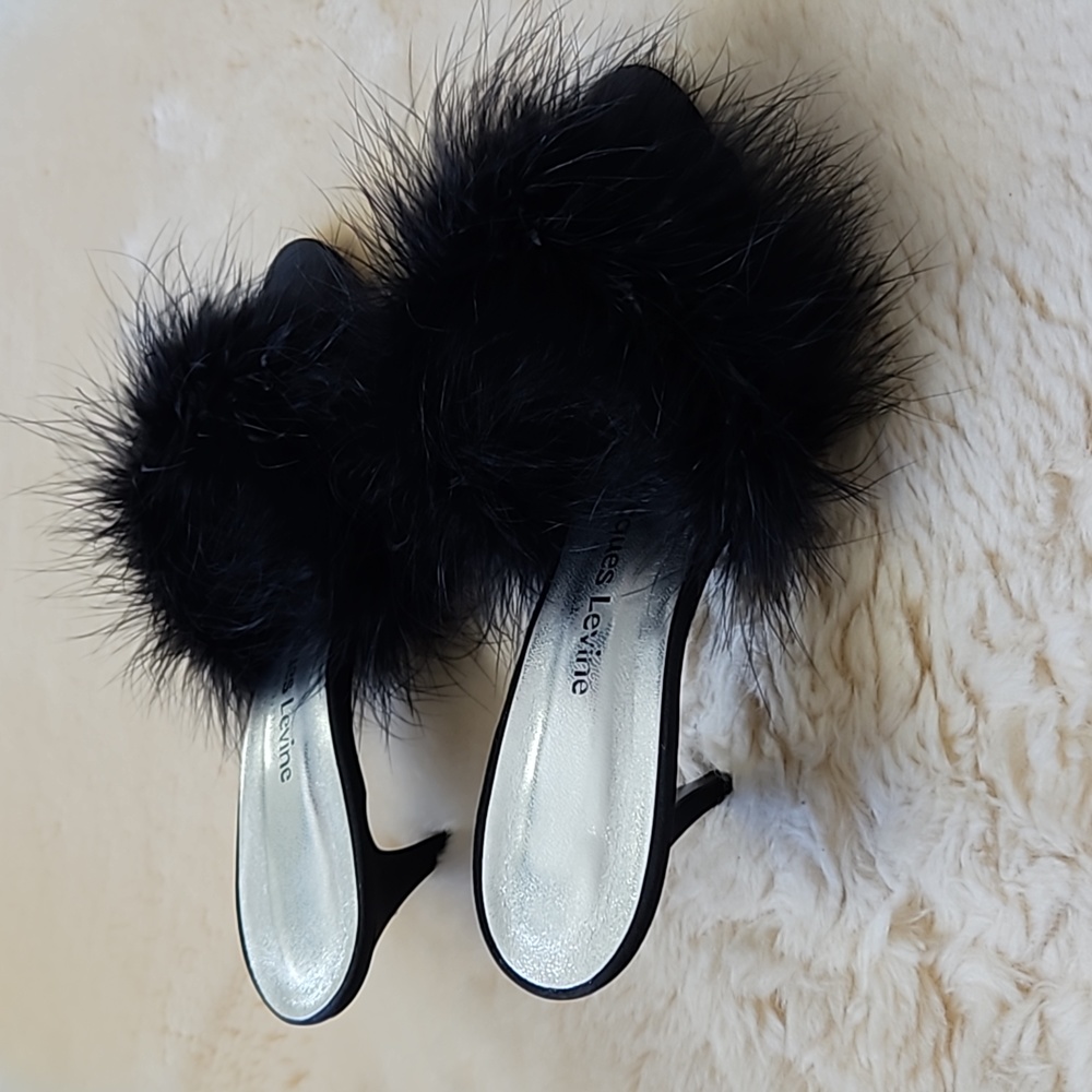 Vintage Jacques Levine Black Satin + Feather Mules